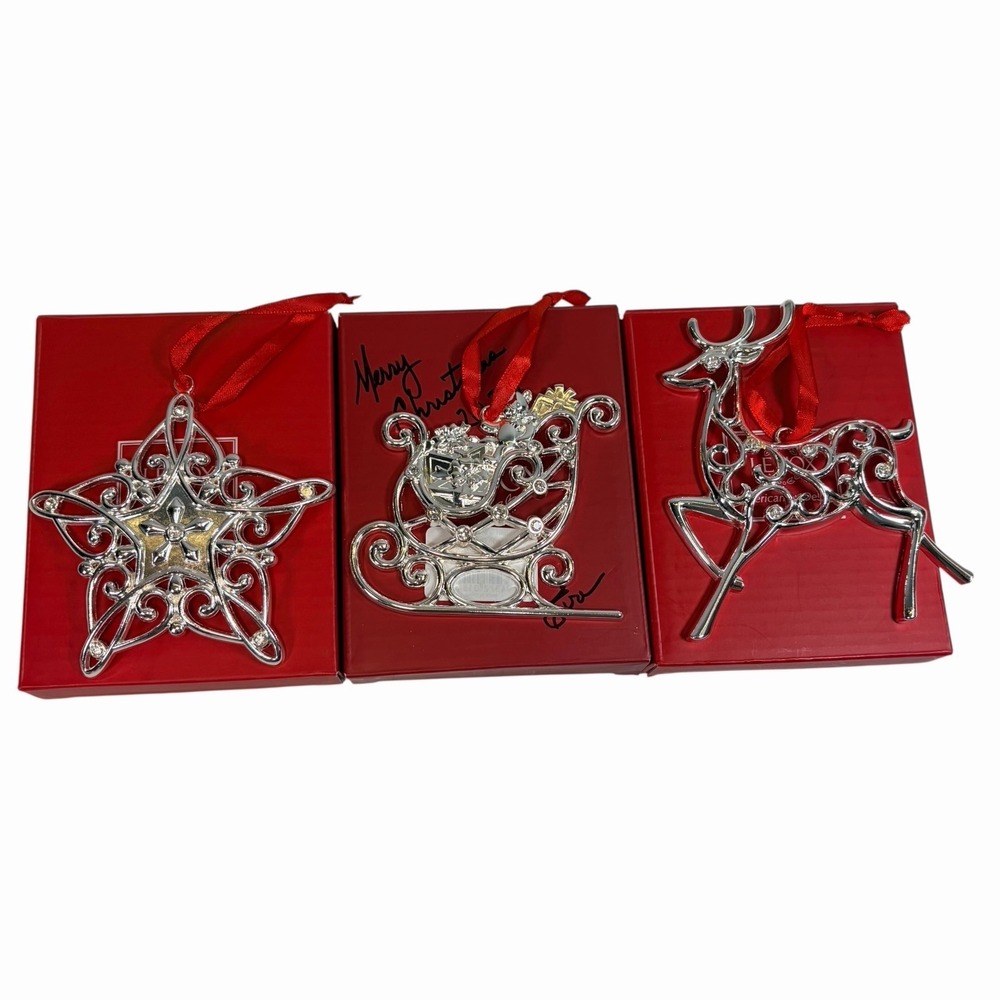 Lenox Sparkle and Scroll 3 Ornaments Sleigh Reindeer,Star Silverplate Gems Boxed